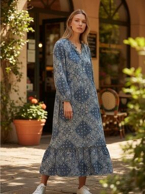 Daily Thread Bandana Maxi Long Sleeve Dress L Blue Pockets Boho Western Comfy